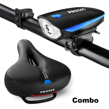 Bike Seat Cushion with Memory Foam, Waterproof Cover & Reflective Strip | USB Rechargeable LED Front Light with Loud Bell & 3 Modes | Universal Fit for Bicycles