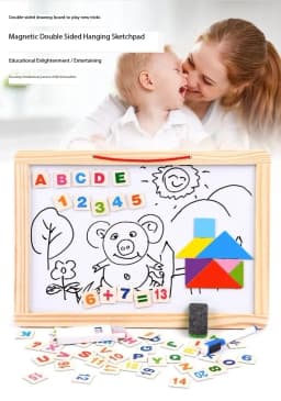 Double sided white board black board with magnetic wooden alphabet, chalk, eraser, marker and special magnetic tangram - smart tool for children learning Thumbnail 2
