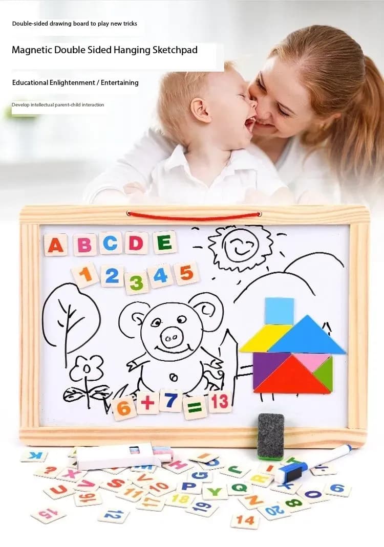 Image of Double sided white board black board with magnetic wooden alphabet, chalk, eraser, marker and special magnetic tangram - smart tool for children learning