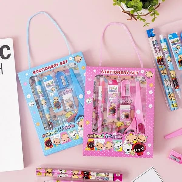 Image of 9 Pcs Stationery Set Kit Students Drawing Pencil Ruler Eraser Sharpener Ballpoint Pen Scissors Stationery Set Tools Gift