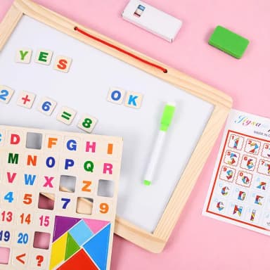 Double sided white board black board with magnetic wooden alphabet, chalk, eraser, marker and special magnetic tangram - smart tool for children learning