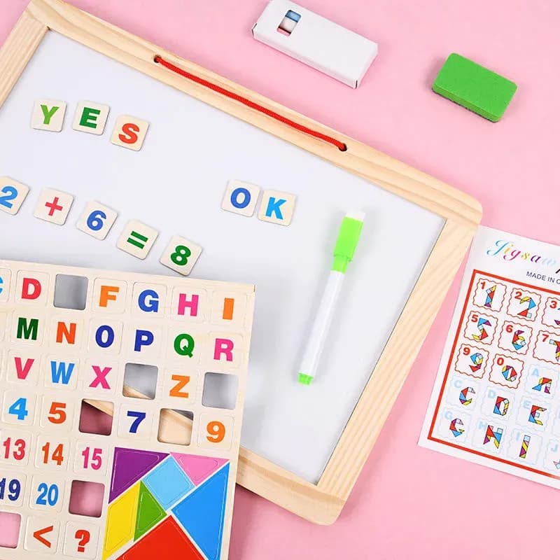 Image of Double sided white board black board with magnetic wooden alphabet, chalk, eraser, marker and special magnetic tangram - smart tool for children learning