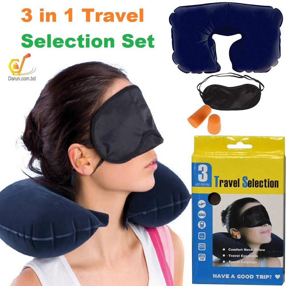 Travel Selection 3 in 1 with Comfort Neck Pillow Sleeping Eye Mask Travel Earplug Set Darun Online Shop thumbnail 2