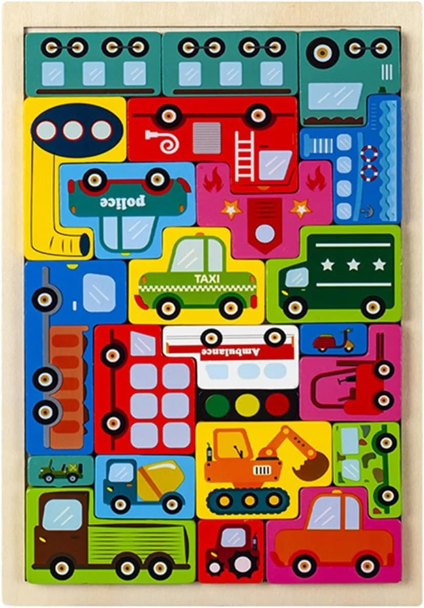 Image of Wooden Puzzle Kids Toy Wood Jigsaw Puzzles Cartoon Vehicle Baby Learning Educational Tool