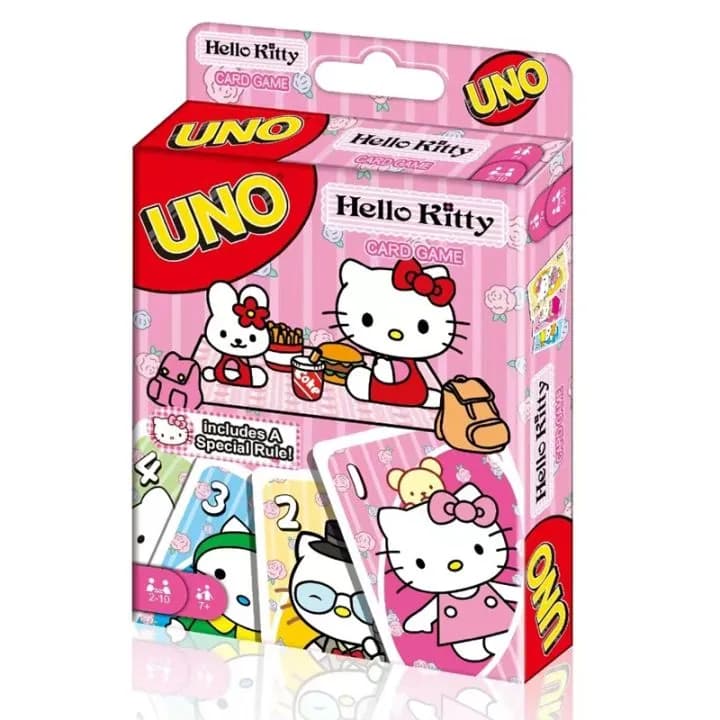 Image of Mattel UNO Hello Kitty Card Game for Family & Friends Night Featuring Tv Show Themed Graphics and a Special Rule for 2-10 Players