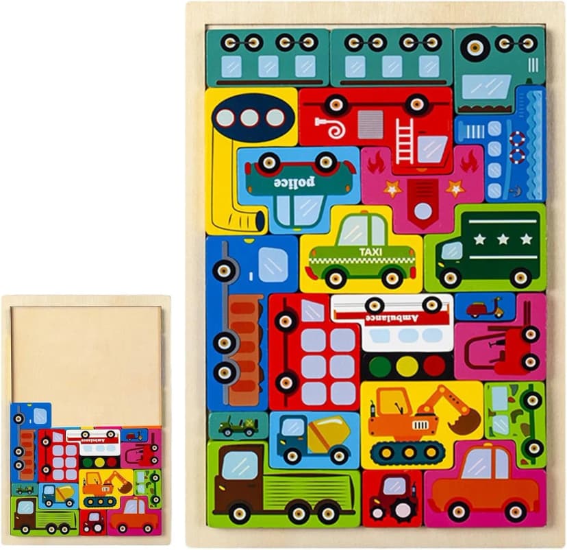 Image of Wooden Puzzle Kids Toy Wood Jigsaw Puzzles Cartoon Vehicle Baby Learning Educational Tool