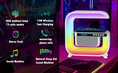 G3 Mini Colorful Wireless Charging Light Up Speaker G Shape LED Wireless Table Speaker Color Changing Alarm Clock Charger Stand Bedside Light