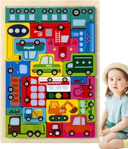 Wooden Puzzle Kids Toy Wood Jigsaw Puzzles Cartoon Vehicle Baby Learning Educational Tool Thumbnail 1