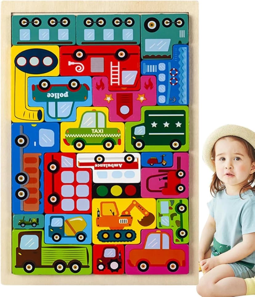 Image of Wooden Puzzle Kids Toy Wood Jigsaw Puzzles Cartoon Vehicle Baby Learning Educational Tool
