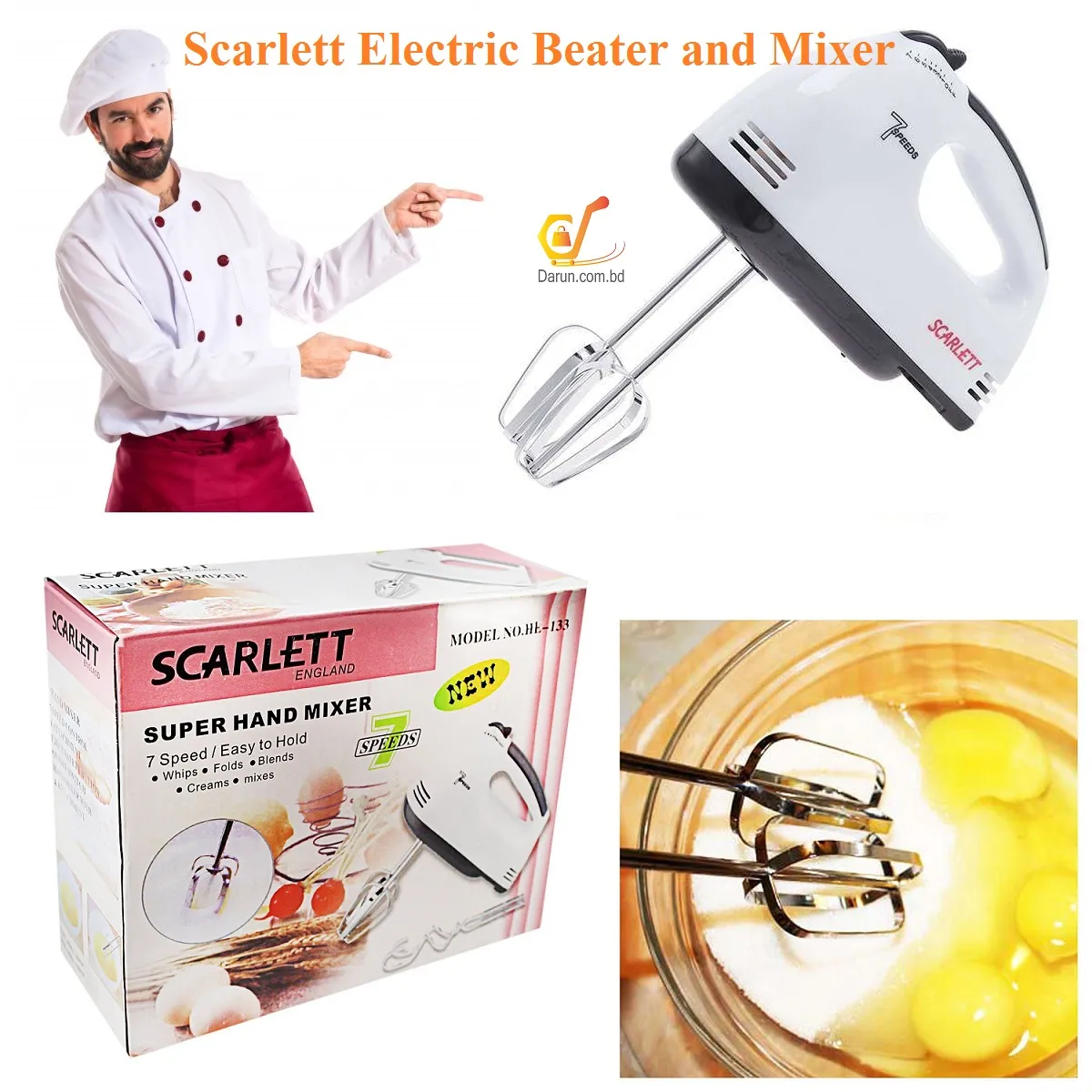 Scarlett 150 Watt Electric Egg Beater Cream Mixer 5 Speed Control Sweep Kitchen Utensils with 4 Stirrers 1