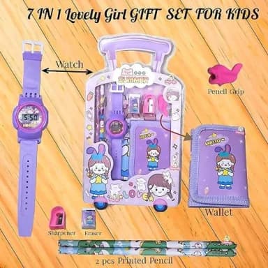 Cartoon 7 in 1 Stationary Gift Set - Amazing Birthday Gift For Kids With Digital Watch, Wallet, Pencil, Eraser, Sharpener - Boys Girls Gift Bundle