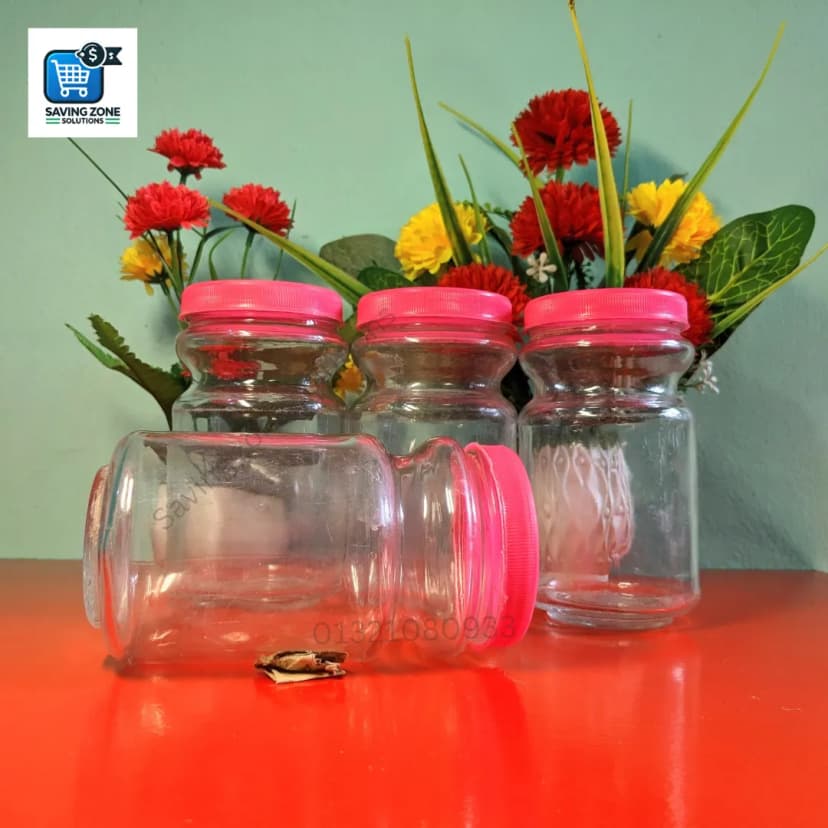 Image of 500ml Pink Cap Ring Glass Jar Set of 4 Airtight Storage Stylish Design