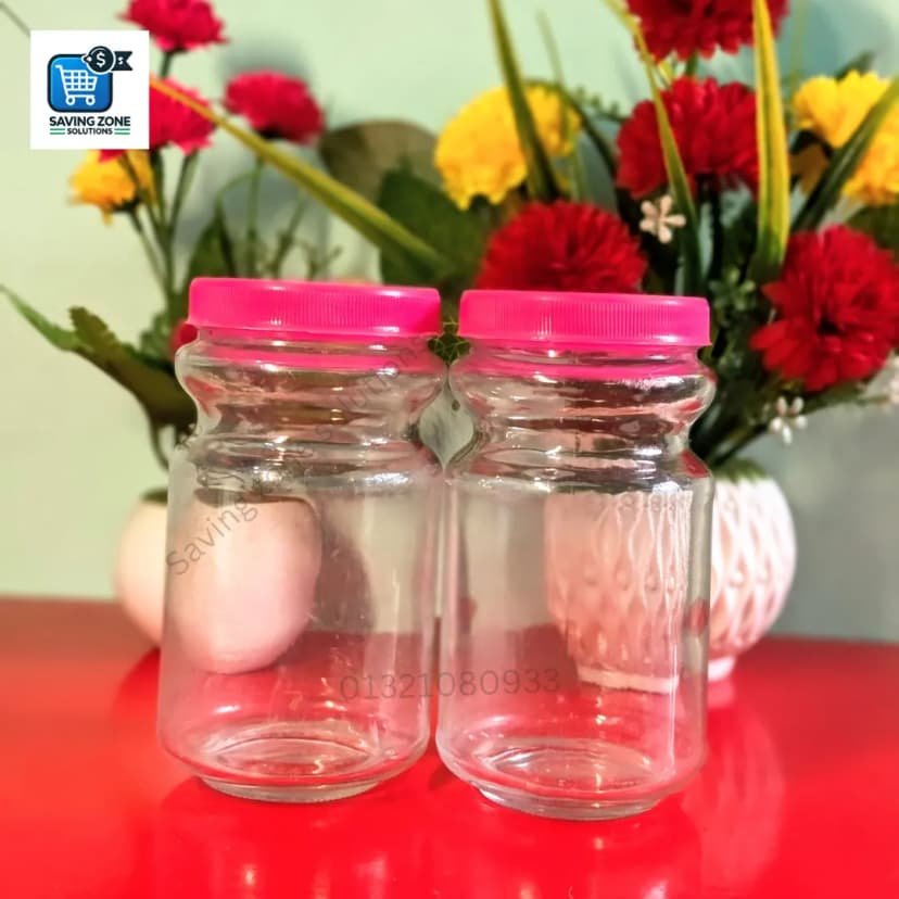 Image of 500ml Pink Cap Ring Glass Jar Set of 4 Airtight Storage Stylish Design