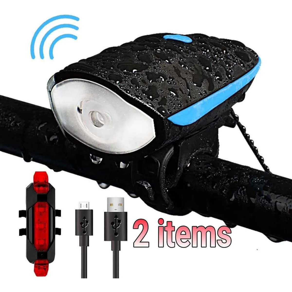 2 in1 USB Bicycle Light Set Rechargeable LED Bike Front Light with Horn and Rear Back Tail Light Super Power Waterproof Safety Cycling Light Bicycle Accessories 1