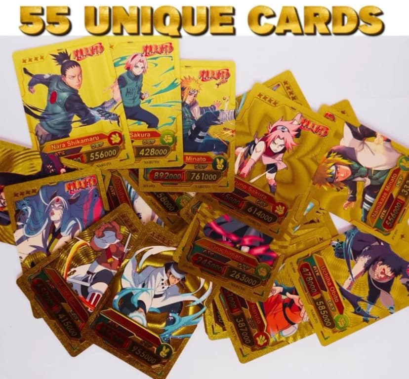 Image of 55 Pcs Naruto Gold Plastic Waterproof Cards - Anime Playing Golden Card Deck Pack With Minato, Itachi, Sakura, Kakashi - Merchandise Gift for Adults - 55 Pieces of Cards in 1 Box