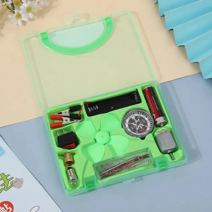 Image of Science Box With Plastic Box Includes Fan, Compass, Light, Battery Electric Circuit Motor School Set 12 Pieces Electronic Science Project Kit for Kids Interesting Project for kids, dr Light Control Fan Circuit Science Diy Kit Educational (Big)