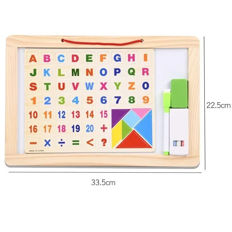 Image of Double sided white board black board with magnetic wooden alphabet, chalk, eraser, marker and special magnetic tangram - smart tool for children learning
