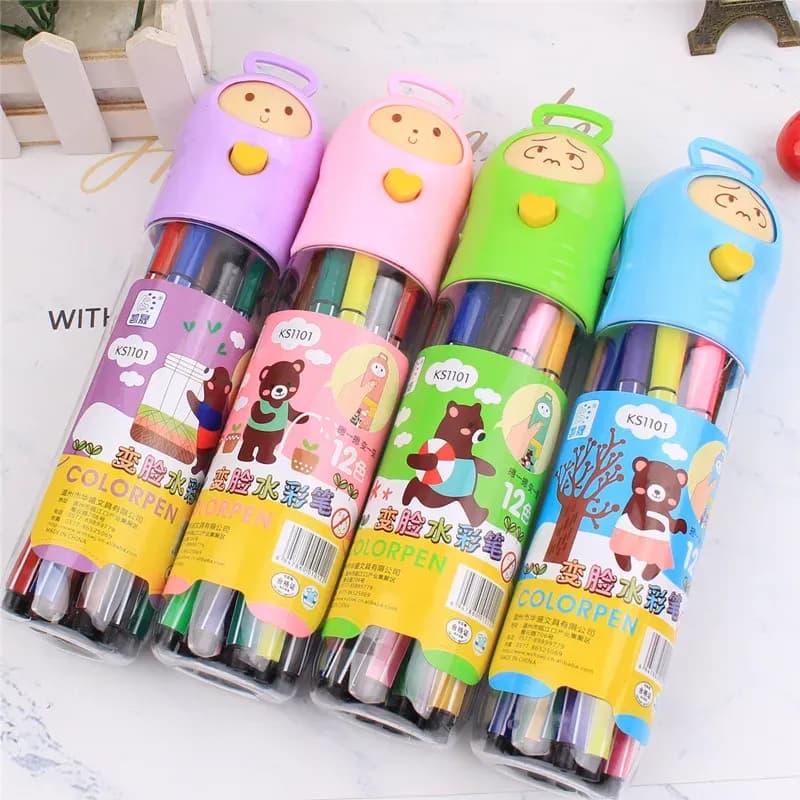 Image of Creative Face Changing 24 Color Watercolor Pen - Cute Fine Art Painting Color Pen Set - Washable Watercolor Pen With Amazing Face Box