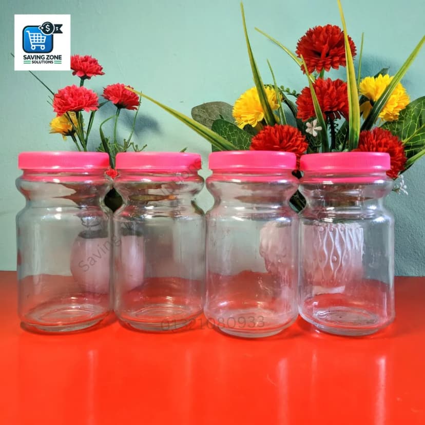 Image of 500ml Pink Cap Ring Glass Jar Set of 4 Airtight Storage Stylish Design