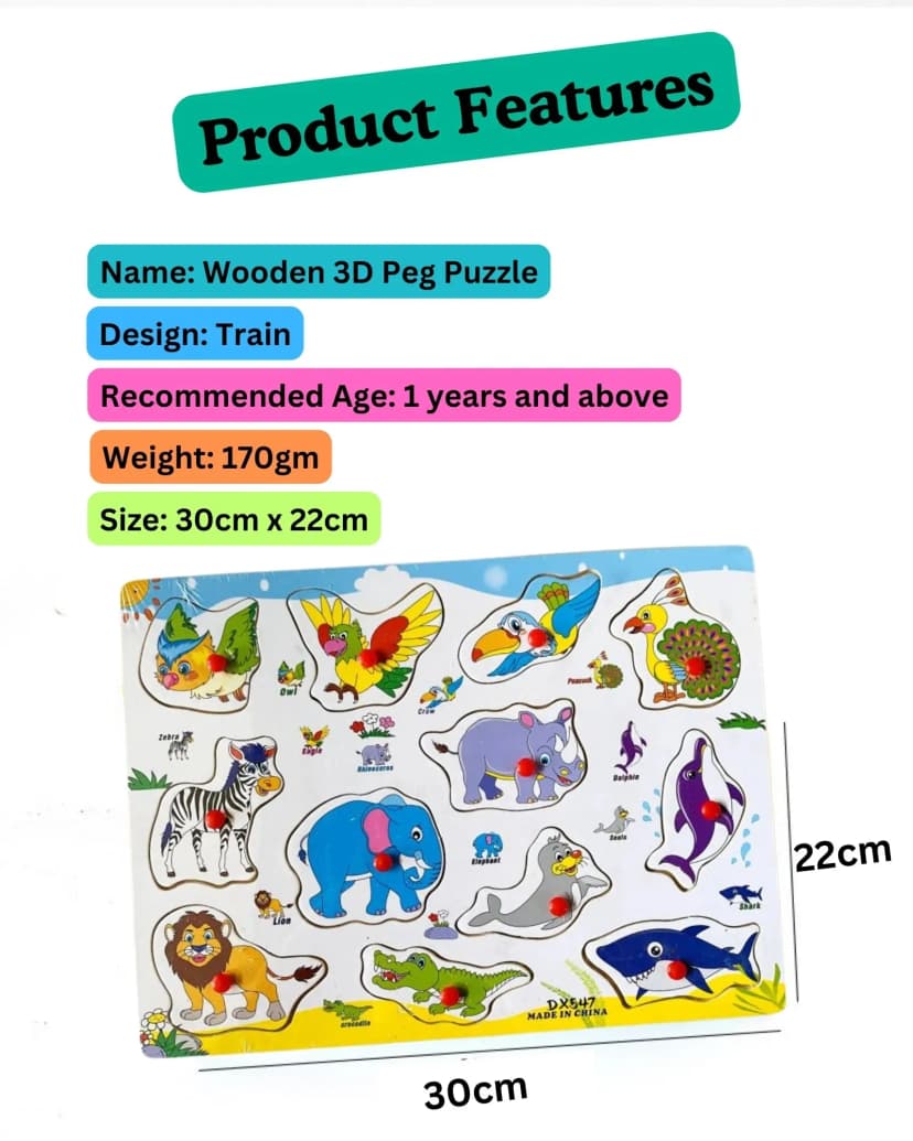 Image of Animal Set Wooden 3D Peg Puzzle Montessori Smart Educational Puzzle Toy For Kids Children