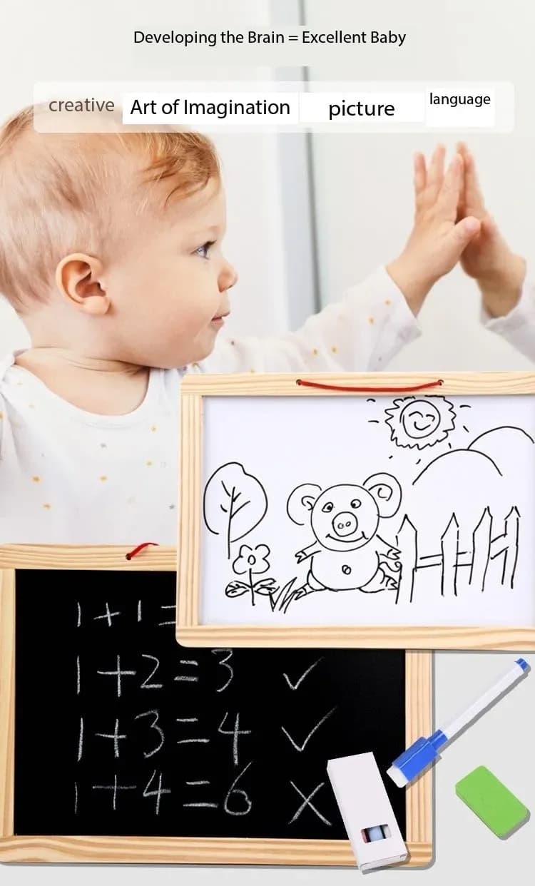 Image of Double sided white board black board with magnetic wooden alphabet, chalk, eraser, marker and special magnetic tangram - smart tool for children learning