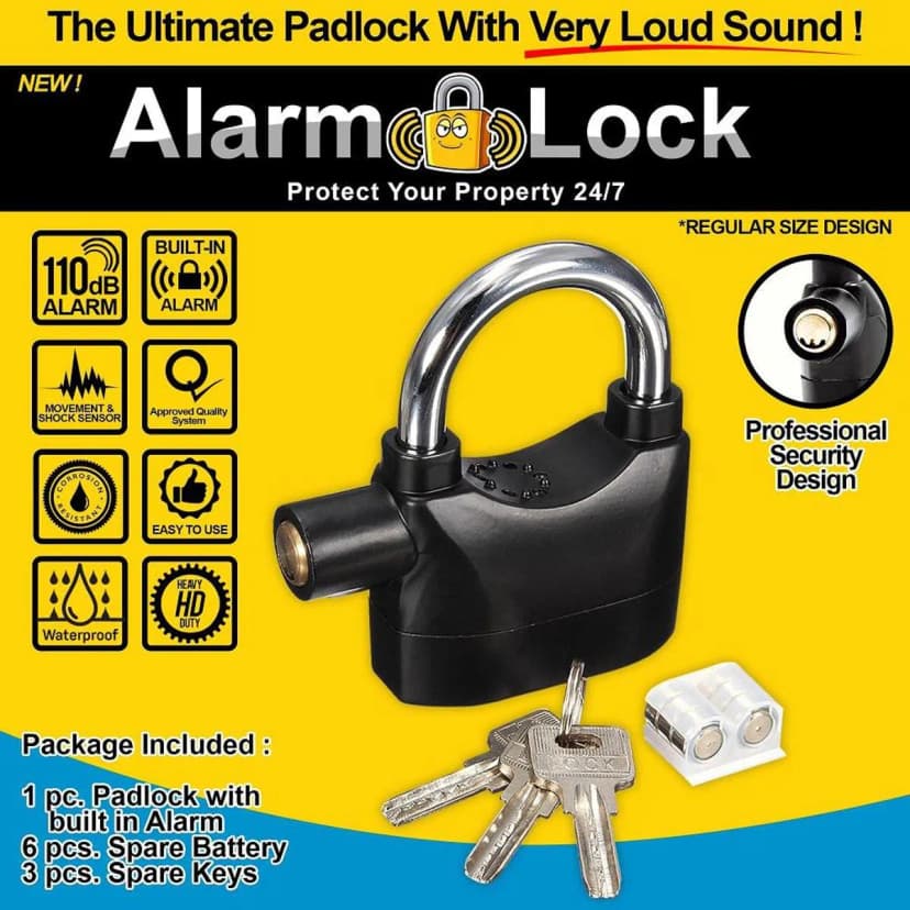Image of Tuch Alarm Padlock for Anti Theft Alarm Lock for Shed Garage Bike Motorbike Door Car Padlock Safety Lock Black