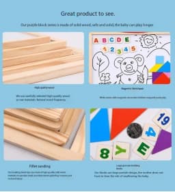 Double sided white board black board with magnetic wooden alphabet, chalk, eraser, marker and special magnetic tangram - smart tool for children learning Thumbnail 5