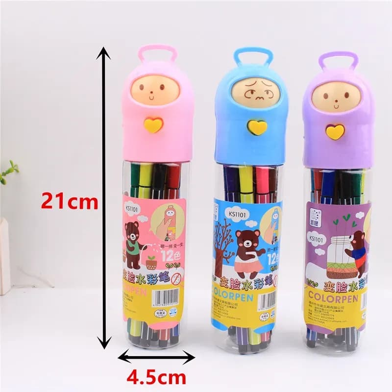 Image of Creative Face Changing 24 Color Watercolor Pen - Cute Fine Art Painting Color Pen Set - Washable Watercolor Pen With Amazing Face Box
