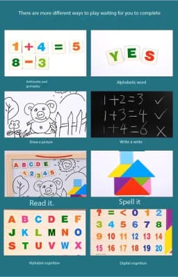Double sided white board black board with magnetic wooden alphabet, chalk, eraser, marker and special magnetic tangram - smart tool for children learning Thumbnail 4