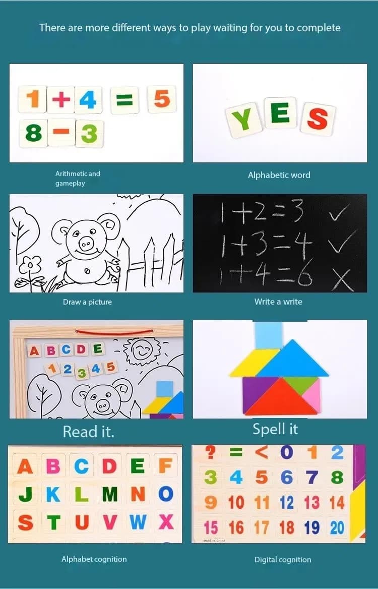 Image of Double sided white board black board with magnetic wooden alphabet, chalk, eraser, marker and special magnetic tangram - smart tool for children learning
