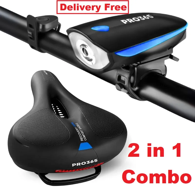 Bike Seat Cushion with Memory Foam, Waterproof Cover & Reflective Strip | USB Rechargeable LED Front Light with Loud Bell & 3 Modes | Universal Fit for Bicycles 1