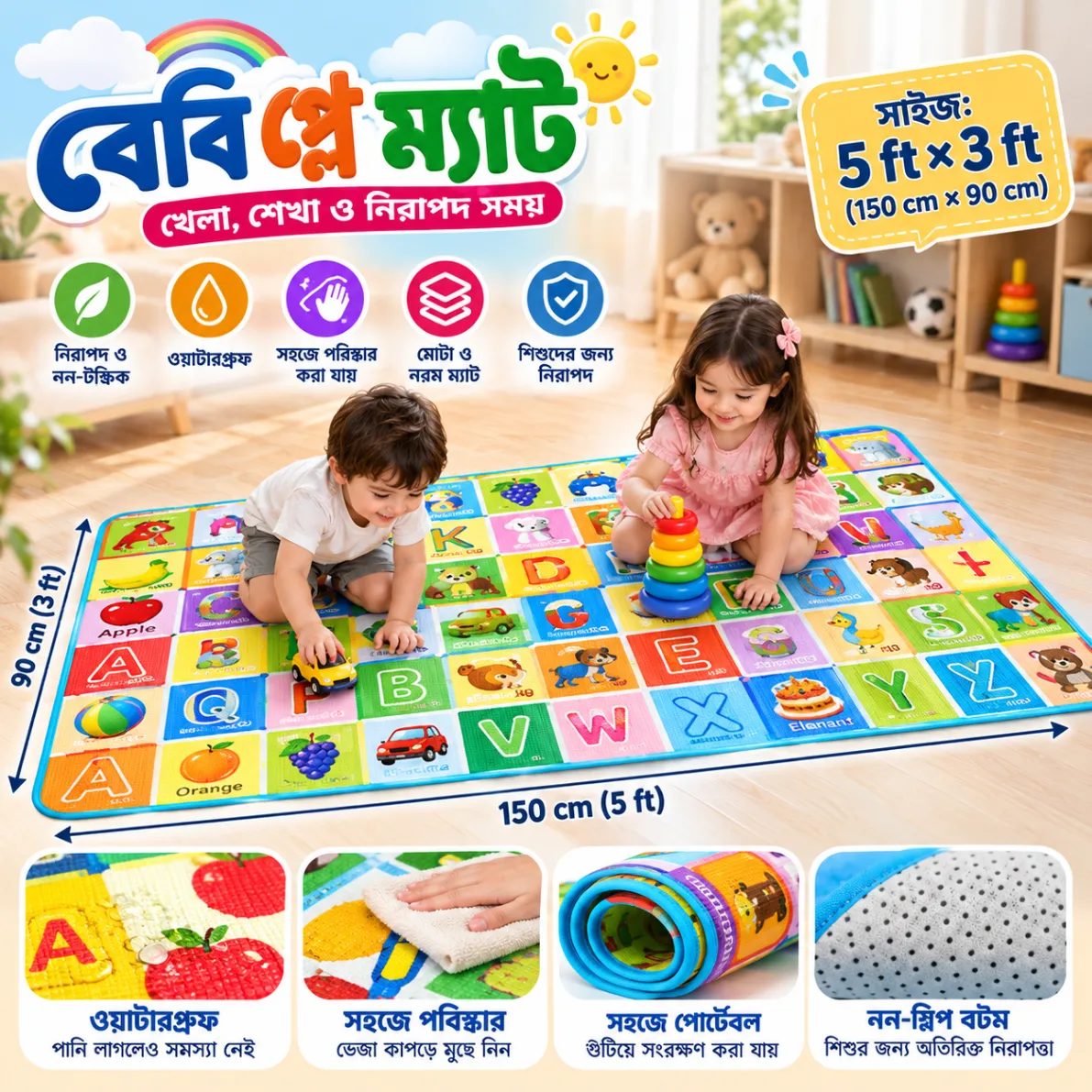 Baby Alphabet Play Mat Double Sided Print, Water Proof Baby Learning Floor Mat, 1