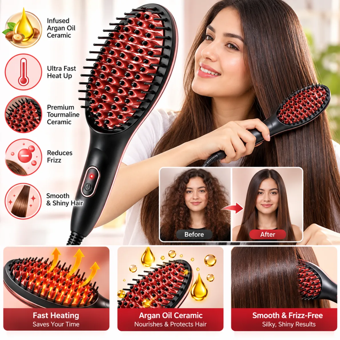 Hair Straightening Brush – Fast Heating Electric Hair Styler & Smoothing Brush 3