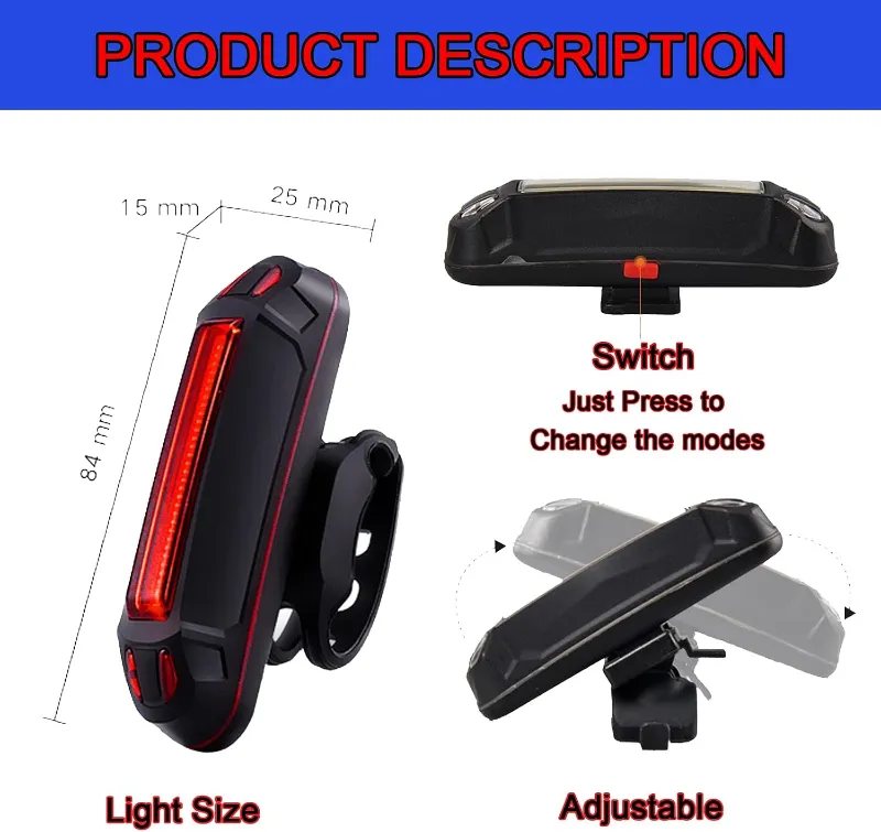 Bike Light 100 Lumens Bike Rear Light USB Rechargeable LED Bicycle Tail Light Waterproof Cycling Safety Flashlight with 5 Modes 4