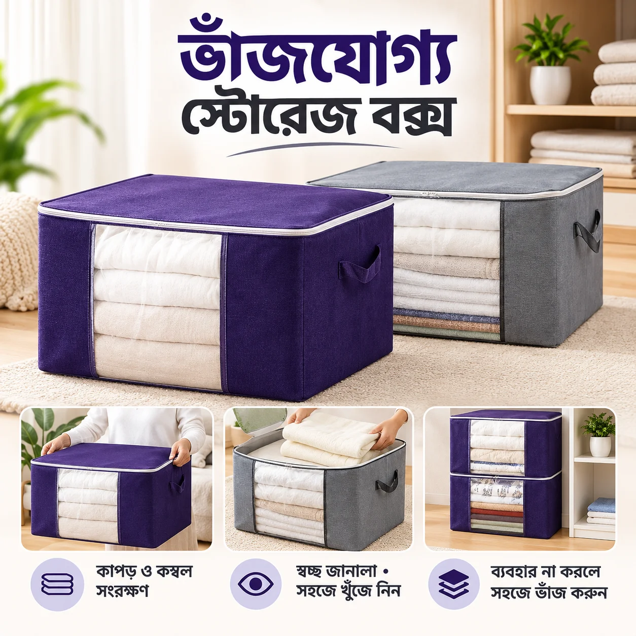 Blanket Storage Bag, Foldable Space-saving Non-woven Fabric Folding Stackable Blanket Storage Bag for Wardrobe 2