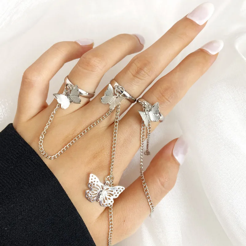 Gold Zircon Butterfly Chain Open Rings For Women Girls Sweet Elegant Tassel Rings Wedding Engagement Party Jewelry Gifts 2
