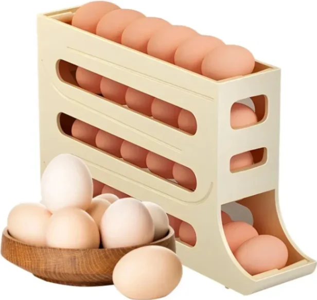 4-Tier Egg Holder for Fridge – Auto-Rolling, Space-Saving Egg Dispenser with Large Capacity (Holds 30 Eggs) 1