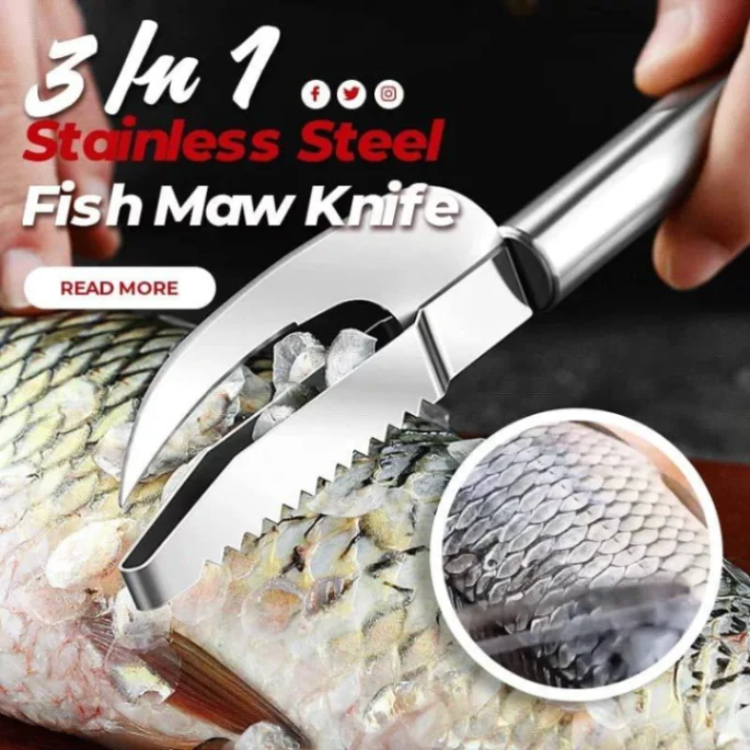 Fish Scale Knife Cut/Scrape/Dig 3-In-1, Fish Scale Knife, Fish Scaler Remover, 3-In-1 Fish Scaler Remover Cutter, Stainless Steel Fish Scale Remover, Stainless Steel 3 In 1 Fish Maw Knife 1