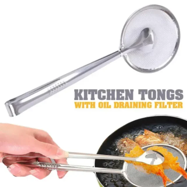 Stainless Steel Filter Spoon with Clip Food Kitchen Oil-Frying Multi-Functional BBQ Filter Clamp Strainer Kitchen Tools (Oil Filter Tongs) 1