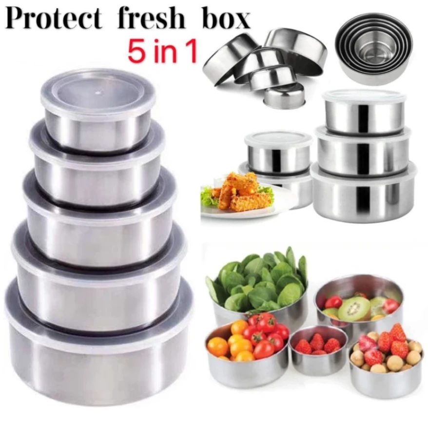 Stainless Steel Food Box 5 Pieces With Food Grade Plastic Cover, Protect Fresh Box 1