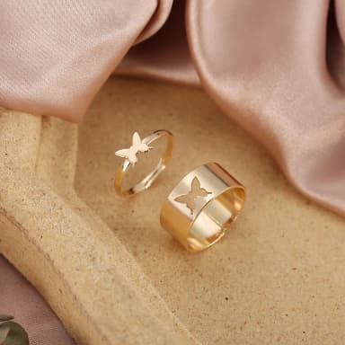 2Pcs/Set Butterfly Opening Alloy Wide Thin Hollow Couple Rings Finger Rings for Anniversary