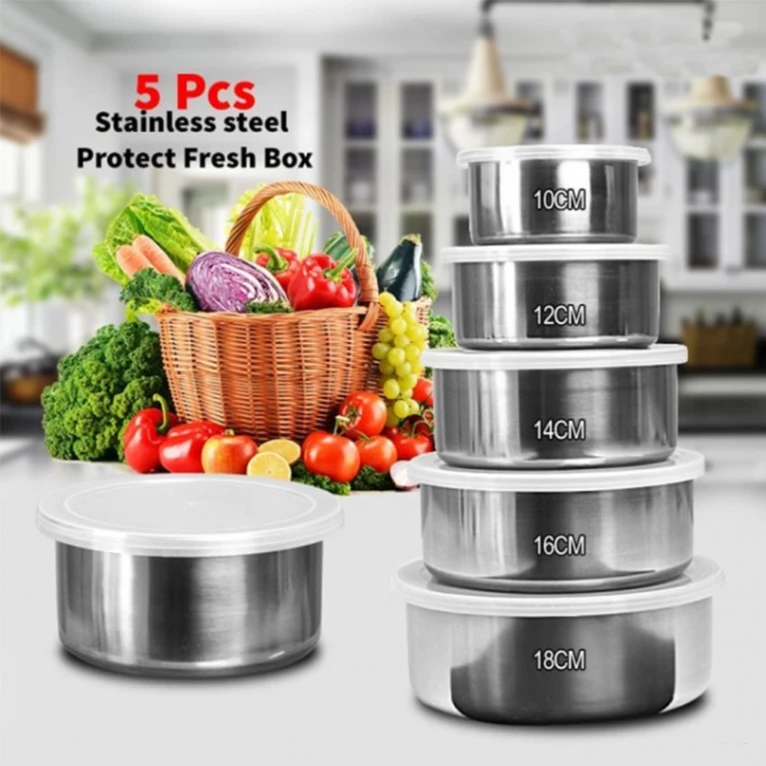Stainless Steel Food Box 5 Pieces With Food Grade Plastic Cover, Protect Fresh Box 4