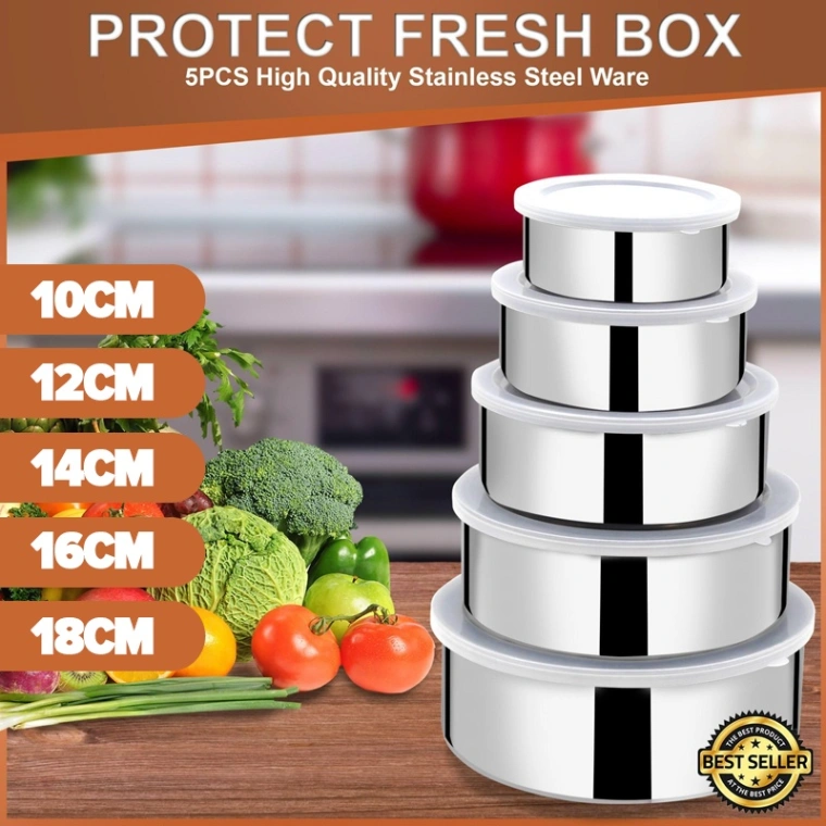 Stainless Steel Food Box 5 Pieces With Food Grade Plastic Cover, Protect Fresh Box 3
