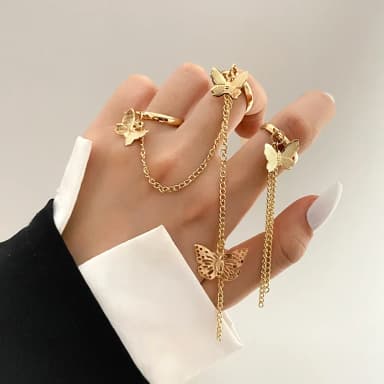 Gold Zircon Butterfly Chain Open Rings For Women Girls Sweet Elegant Tassel Rings Wedding Engagement Party Jewelry Gifts