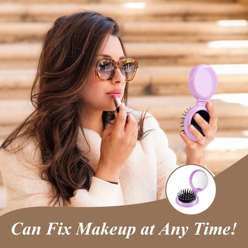 2 In 1 Folding Hair Brush with Mirror,Compact Travel Hair Brush, Portable Travel Brushes for Hair, Folding Hair Brush with Makeup Mirror, Round Hair Massage Comb for Women Girls 4