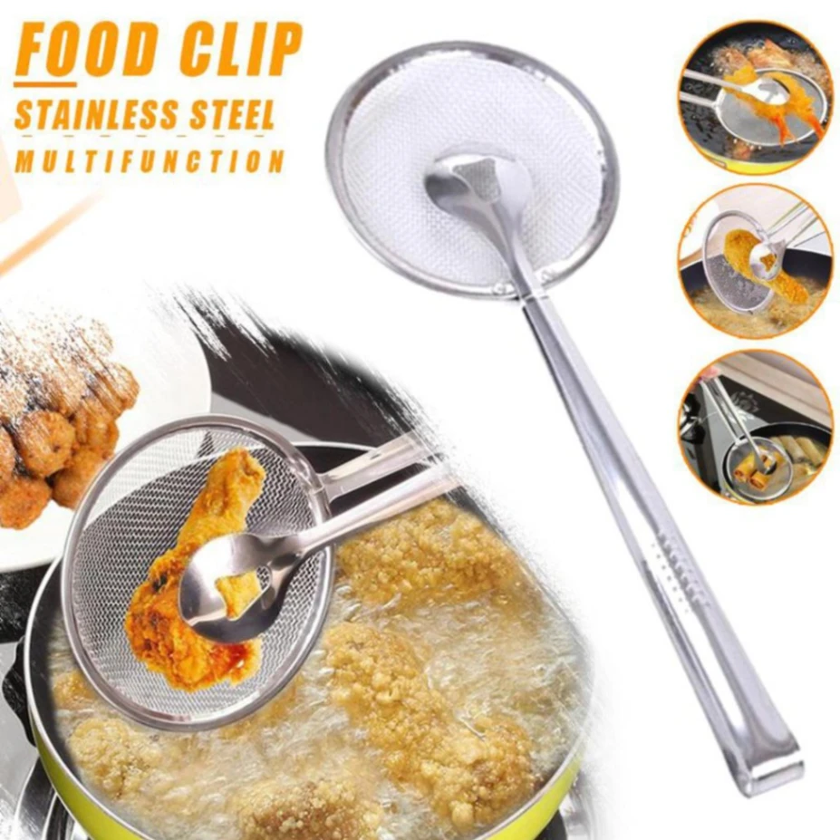 Stainless Steel Filter Spoon with Clip Food Kitchen Oil-Frying Multi-Functional BBQ Filter Clamp Strainer Kitchen Tools (Oil Filter Tongs) 5