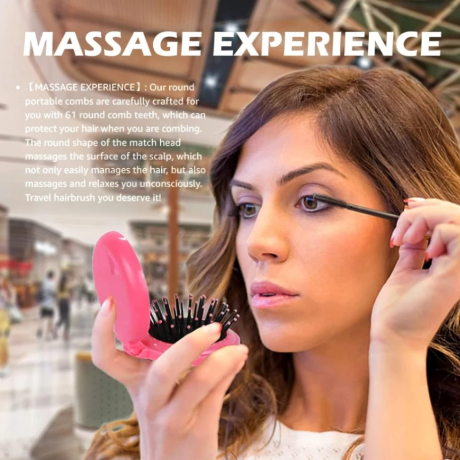 2 In 1 Folding Hair Brush with Mirror,Compact Travel Hair Brush, Portable Travel Brushes for Hair, Folding Hair Brush with Makeup Mirror, Round Hair Massage Comb for Women Girls 6