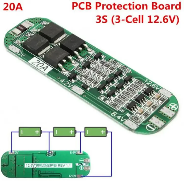 BMS Battery Protection Board 3S 20A 12.6V - Designed for 18650 AA AAA Lipo Li-ion Lithium Batteries - Ensures Battery Safety