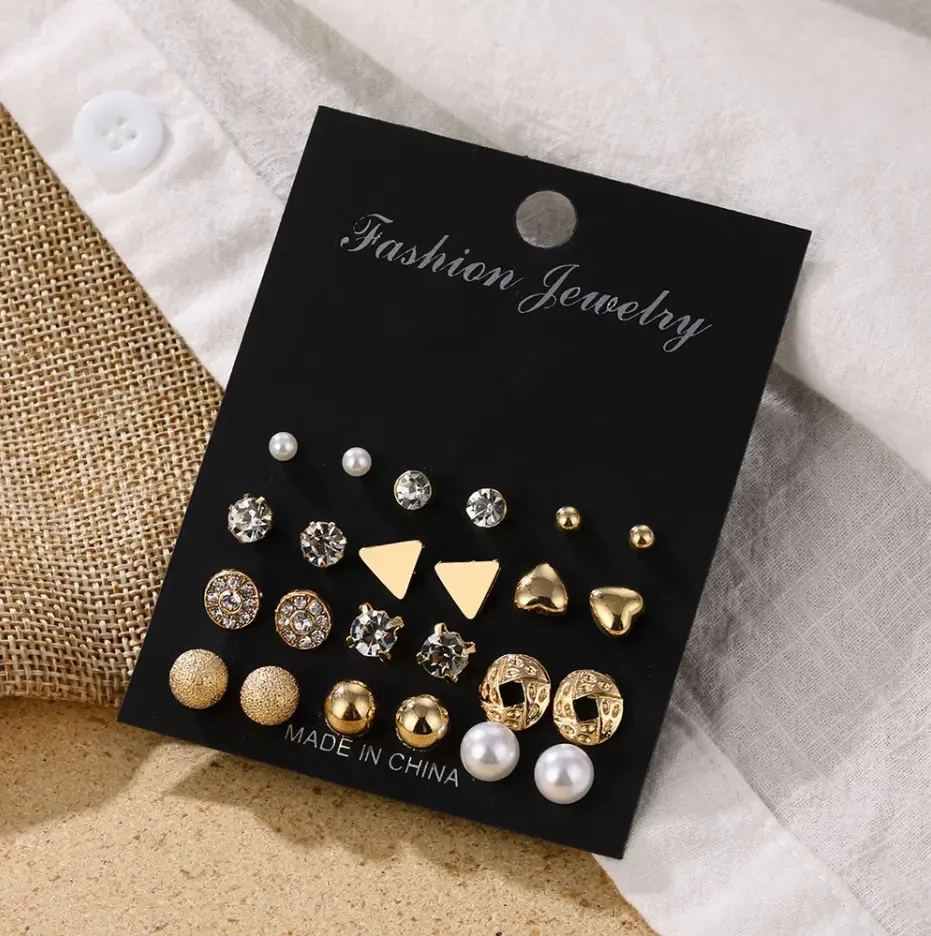 New Trendy 12 Pairs = 24 Pcs Pearl Stud Earrings Set for Women Simple Top - Earrings Set for Women New Collection - Earrings Set 12 Pairs for Girls - Earring for Women - Ear Ring Set 12 Pairs for Girl